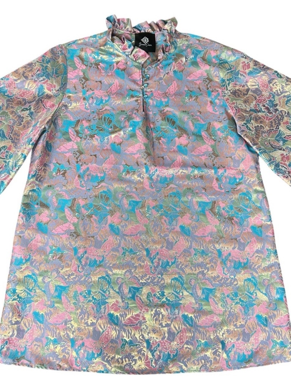 Brianna Cannon Pastel Metallic Butterfly Garden Caftan Ruffle Neck Dress L/XL